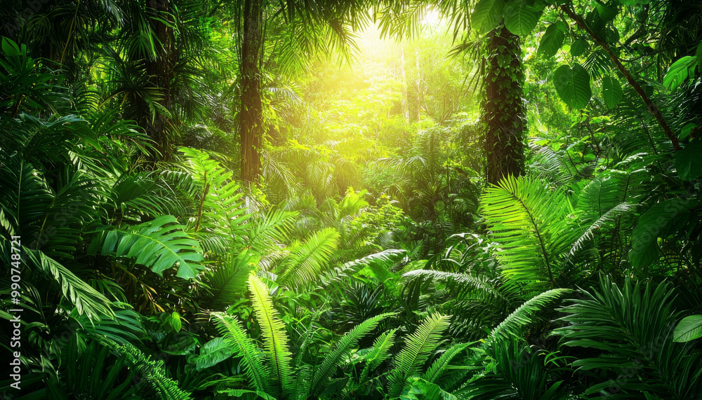 A lush, vibrant jungle scene filled with dense greenery and dappled sunlight filtering through the trees.