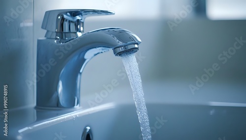 Close-up of a modern chrome faucet with water flowing from it.