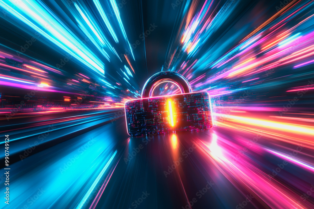 Glowing digital padlock symbolizing cybersecurity in a futuristic, high-tech environment Glowing digital padlock symbolizing cybersecurity in a futuristic, high-tech environment