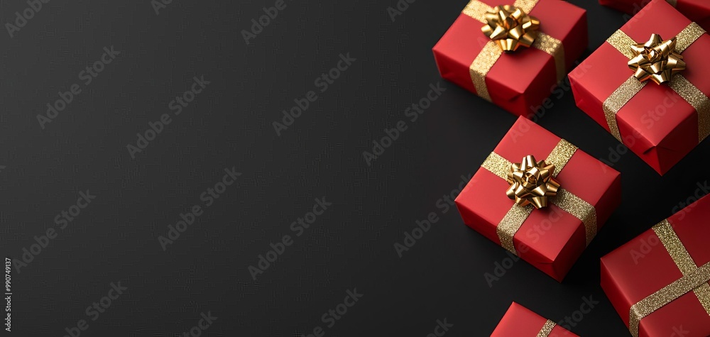 Floating red and gold 3D gift boxes with clean lines, set against a black backdrop, luxurious Christmas gifting concept Floating red and gold 3D gift boxes with clean lines, set against a black backdrop, luxurious Christmas gifting concept