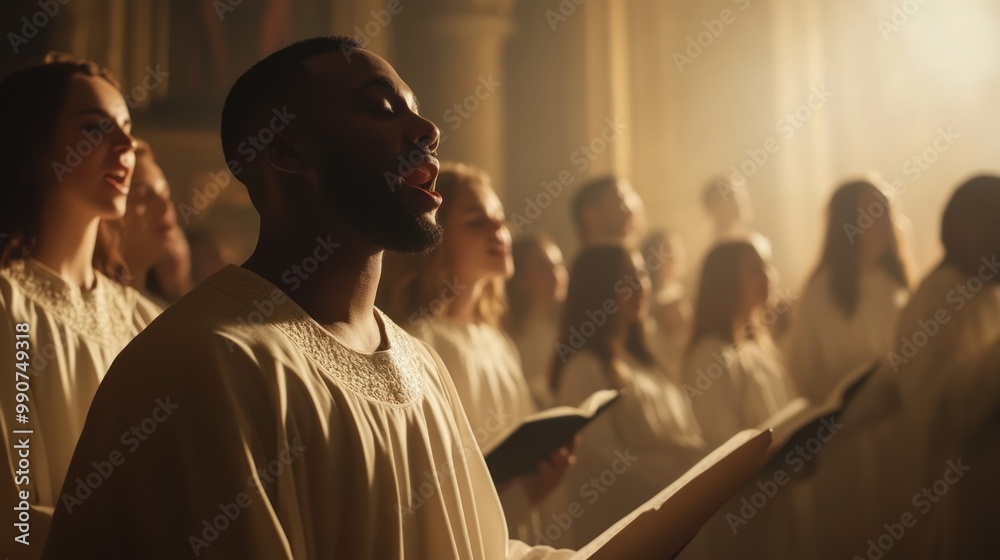 Choir members singing with music sheets in soft light. Choir members singing with music sheets in soft light.