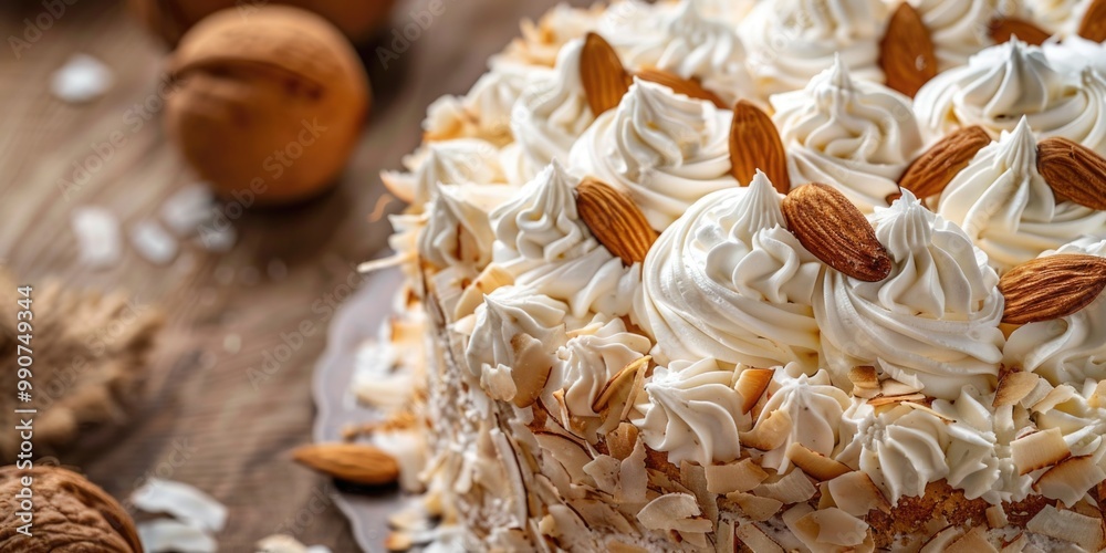 Gourmet almond-flavored dessert with coconut topping and pecan crumbles