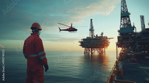 Worker on an offshore oil rig watches a helicopter. photo