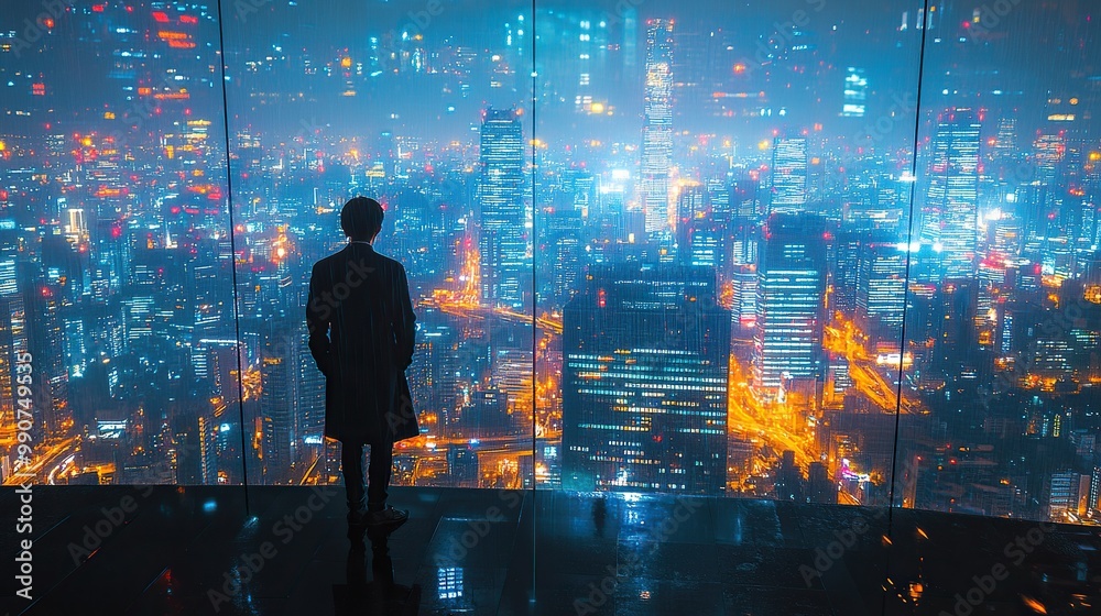Business professionals utilize futuristic network screens against a night city backdrop, emphasizing the importance of technology in urban settings. Business professionals utilize futuristic network screens against a night city backdrop, emphasizing the importance of technology in urban settings.