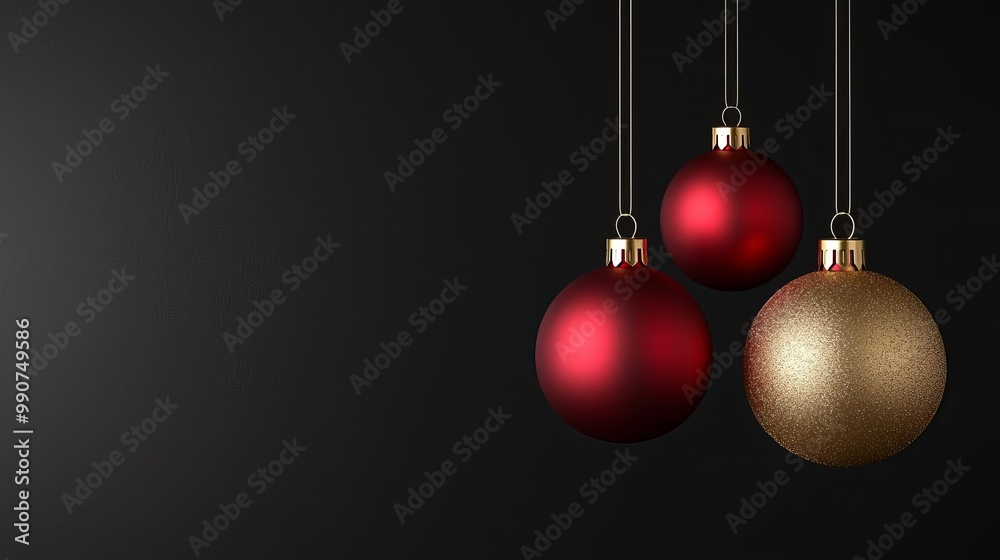 Minimalist 3D Christmas baubles in red and gold, hanging in mid-air on a deep black background, elegant holiday vibe Minimalist 3D Christmas baubles in red and gold, hanging in mid-air on a deep black background, elegant holiday vibe