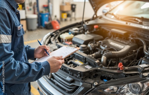 a mechanic is writing on a clipboard while looking at the engine of a car