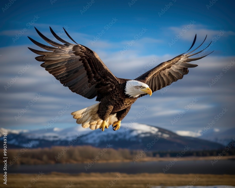 A bald eagle flies with wings spread wide majestically against a bright blue sky, perfect for patriotic, wildlife. Generative AI