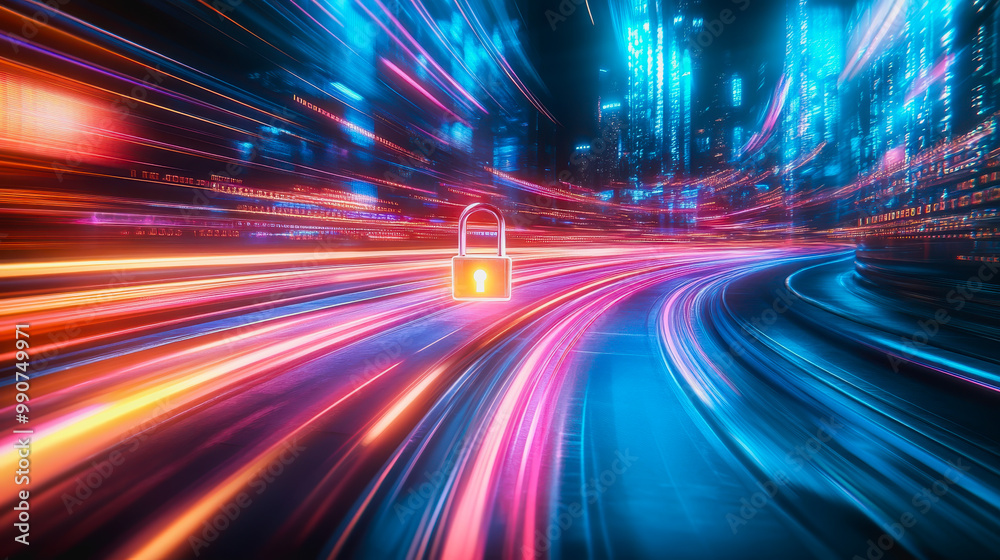 Glowing digital padlock symbolizing cybersecurity in a futuristic, high-tech environment Glowing digital padlock symbolizing cybersecurity in a futuristic, high-tech environment