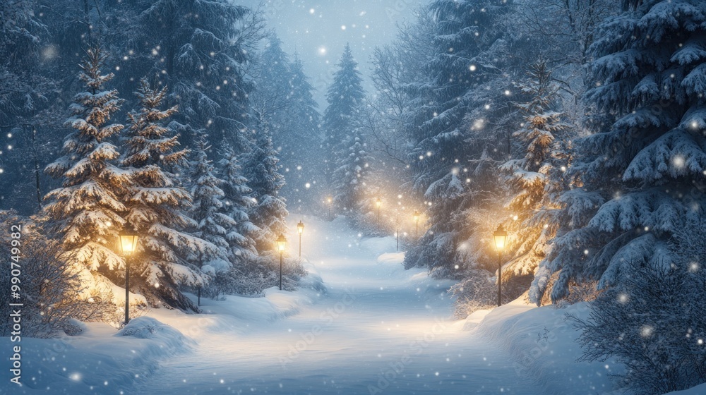 Snowy Forest Path with Illuminated Lanterns Snowy Forest Path with Illuminated Lanterns