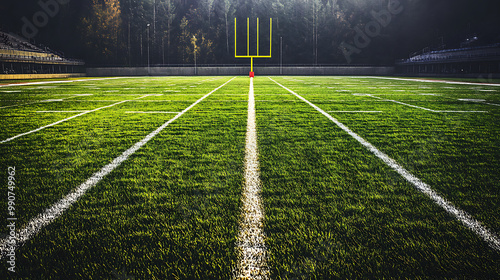 Glamorous background with a professional American football field, showcasing yard lines, goalposts, and a stadium ready for the game