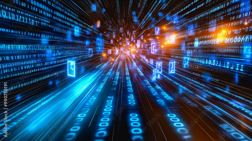 Obraz premium Flowing glowing binary code in a futuristic digital data stream environment
