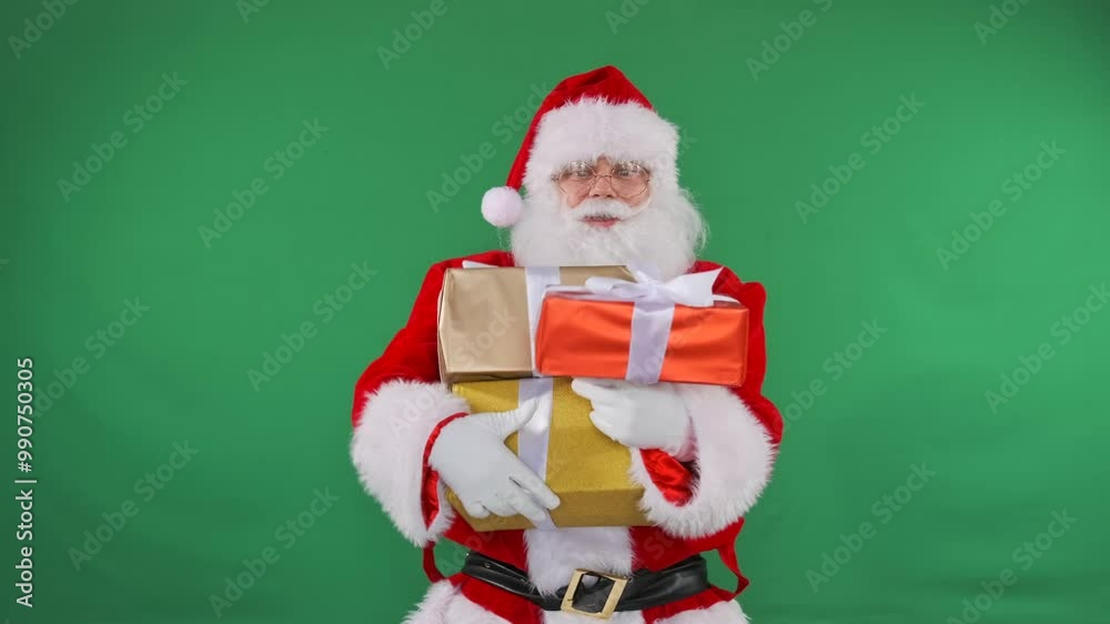 Kind and generous Santa with a bunch of boxes with gifts in his hands in colorful wrapping paper dances with them celebrating New Year holidays, green background.