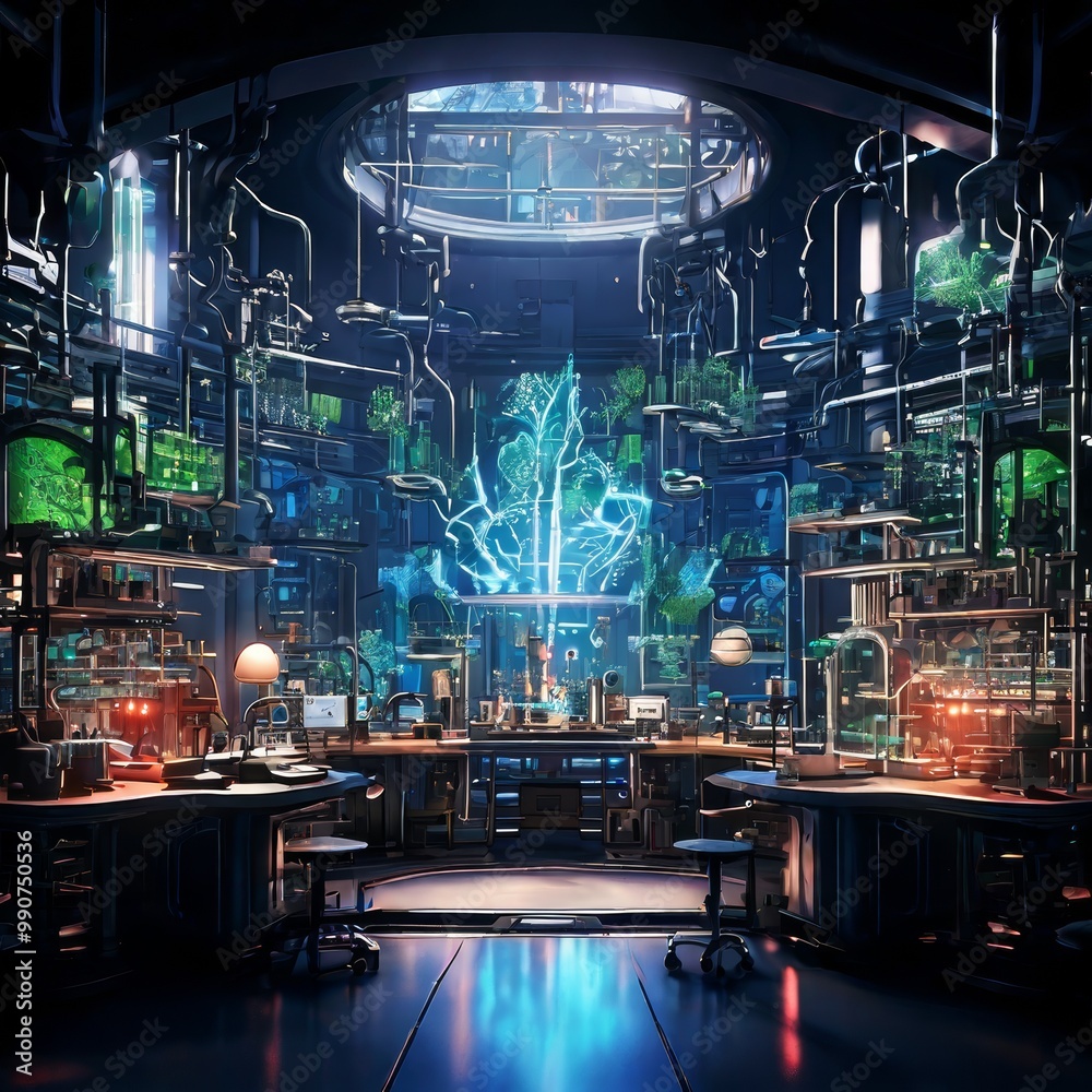 A high-tech laboratory filled with futuristic equipment and a glowing tree-like structure in the center, symbolizing a blend of nature and technology. The setting suggests cutting-edge research and A high-tech laboratory filled with futuristic equipment and a glowing tree-like structure in the center, symbolizing a blend of nature and technology. The setting suggests cutting-edge research and