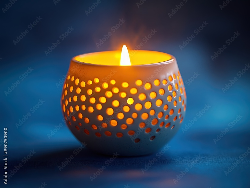 The warm light from a candle reflects through a ceramic cup with holes against a blue background The warm light from a candle reflects through a ceramic cup with holes against a blue background