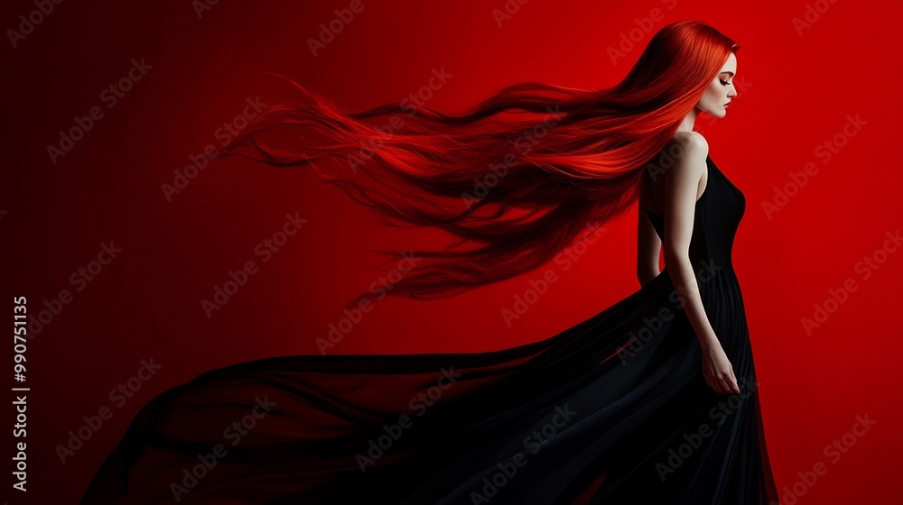 Woman with Flowing Red Hair in a Black Dress Against a Red Background. AI Generated Woman with Flowing Red Hair in a Black Dress Against a Red Background. AI Generated