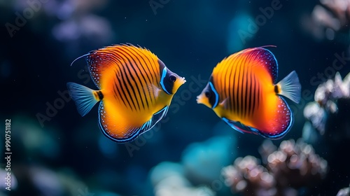 A group of colorful tropical fish swimming in the water, with vibrant colors and beautiful coral reefs around them