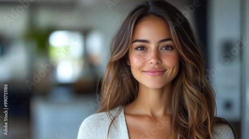 confident latina businesswoman using smartphone in modern office smiling warmly at camera against sleek white background