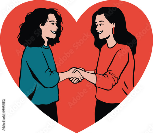 Two friends shaking hands inside a love shape vector art illustration.