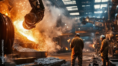 Photo of nickel smelting process in factory with workers wearing protective gear, involved in supervising the process of melting hot metal in a large furnace. The red glow of boiling nickel liquid 