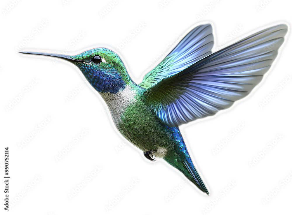 Obraz premium Hummingbird in flight with outstretched wings and a black background. Closeup view of vibrant green, blue, and white feathers
