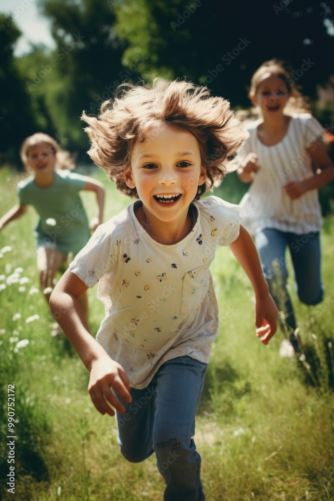 Fototapeta premium A happy child running in a field with her friends.