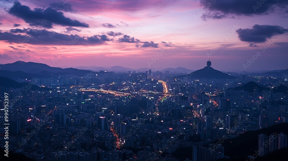 Obraz premium A stunning city view of Seoul at twilight captures the skyline bathed in a soft, golden glow as the sun sets behind the towering buildings.