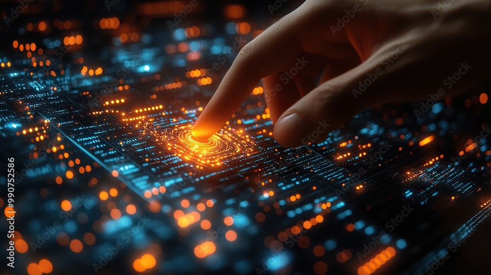 Cloud computing interface with a hand pressing a button on a digital technology screen. Cloud computing interface with a hand pressing a button on a digital technology screen.