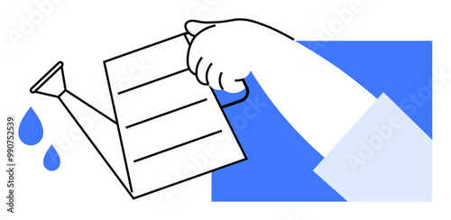 Simplified line drawing of a hand holding a watering can pouring water, with papers symbolizing goals or plans. Ideal for growth, nurturing, education, business planning, and sustainability themes