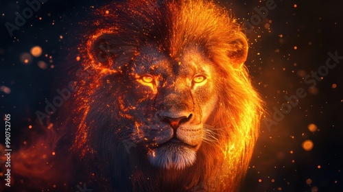 A fiery lion's face with glowing eyes, symbolizing strength and power.