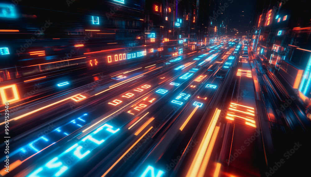 Flowing glowing binary code in a futuristic digital data stream environment Flowing glowing binary code in a futuristic digital data stream environment