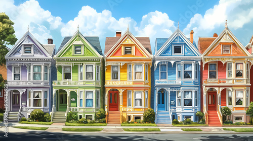 A street scene of historic, victorian-style houses painted in a rainbow of colors, highlighting their ornate design elements. Victorian Street Scene. Illustration