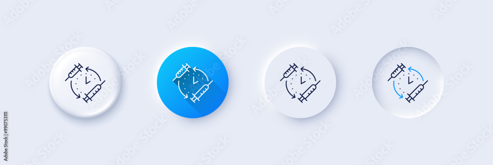 Vaccination schedule line icon. Neumorphic, Blue gradient, 3d pin buttons. Vaccine syringe sign. Second injection time symbol. Line icons. Neumorphic buttons with outline signs. Vector Vaccination schedule line icon. Neumorphic, Blue gradient, 3d pin buttons. Vaccine syringe sign. Second injection time symbol. Line icons. Neumorphic buttons with outline signs. Vector