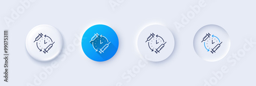 Vaccination schedule line icon. Neumorphic, Blue gradient, 3d pin buttons. Vaccine syringe sign. Second injection time symbol. Line icons. Neumorphic buttons with outline signs. Vector