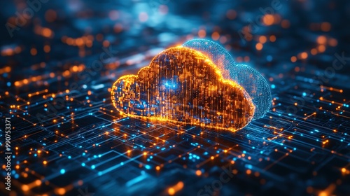 Cloud icon set against a blue technology matrix background, emphasizing digital connectivity.