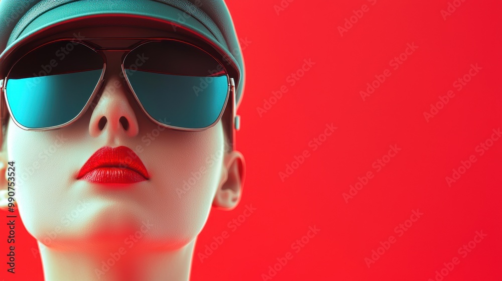 Close-up of a woman wearing a military-style cap and sunglasses with bold red lipstick, set against a vibrant red background, symbolizing propaganda or authority