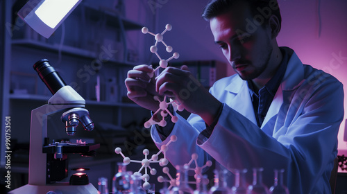 Scientist in Lab Coat Holding a Molecular Model of the Serotonin Receptor, With a Microscope and Scientific Instruments in the Background, Illuminated by Soft Laboratory Lighting, Highlighting Neurosc photo