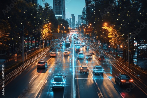 Night city traffic with glowing digital grid overlay.