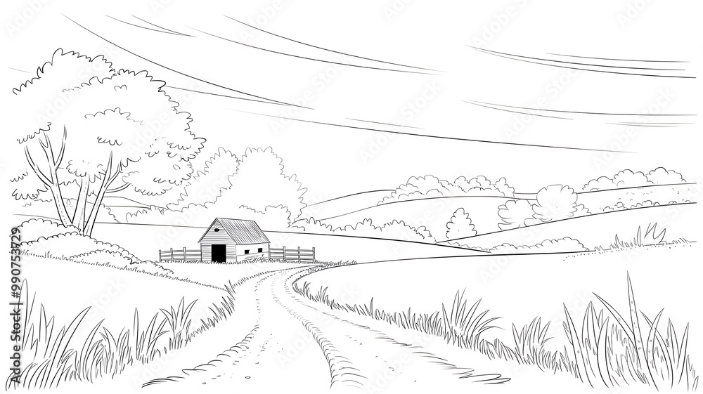 Fototapeta premium Black and White Countryside Landscape with Barn and Winding Road