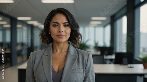 twenties hispanic woman in gray attire on office background model portrait looking confident for ad concept space for text Free Download twenties hispanic woman in gray attire on office background model portrait looking confident for ad concept space for text - GFXLoad