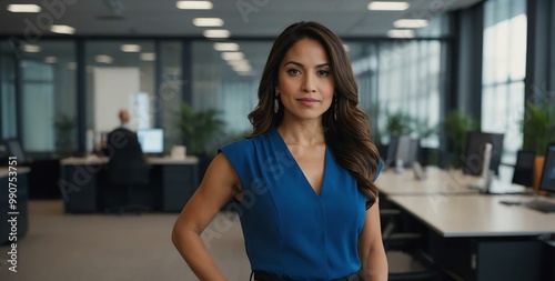 Free Download twenties hispanic woman in blue attire on office background model portrait looking confident for ad concept space for text - GFXLoad