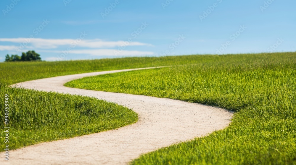 A winding pathway through lush green grass under a clear blue sky, inviting exploration and tranquility in a serene outdoor setting. A winding pathway through lush green grass under a clear blue sky, inviting exploration and tranquility in a serene outdoor setting.