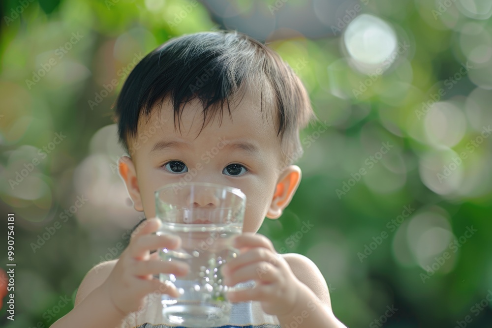 Child drinking water from a glass, enjoying a hot summer day or staying hydrated during the warmer months. Child drinking water from a glass, enjoying a hot summer day or staying hydrated during the warmer months.