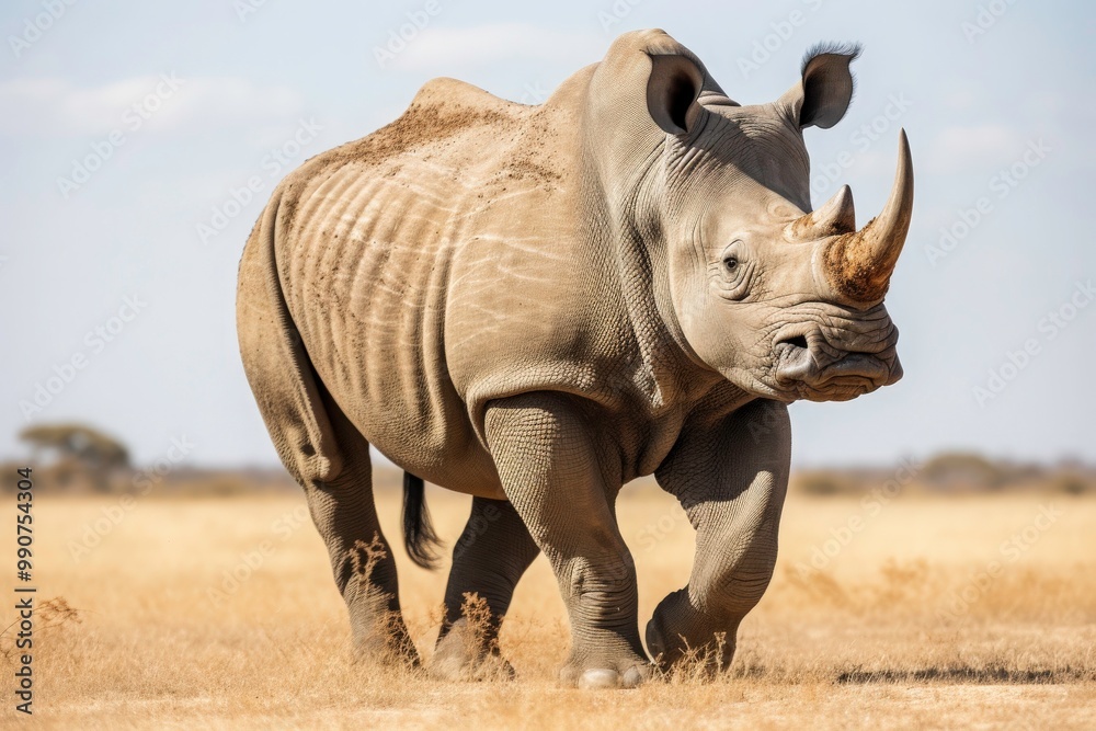 Fototapeta premium White rhinoceros walking through tall grass in the savanna are suitable for nature conservation, wildlife documentaries, and educational materials. Generative AI