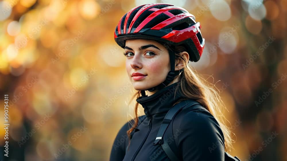 A woman wearing a red and black helmet stands in front of a blurred background of fall colors A woman wearing a red and black helmet stands in front of a blurred background of fall colors