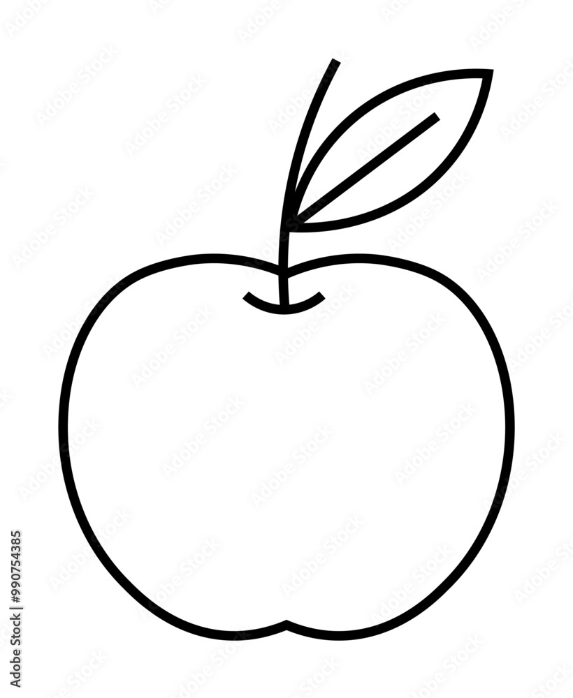 A minimalist black and white line drawing of an apple with a single leaf attached to its stem. Ideal for educational materials, healthy eating promotions, cookbooks, logo design, and children