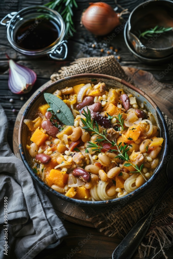 A hearty vegetable-based soup with beans, pasta and roasted vegetables. Served in a traditional terracotta pot on a rustic table setting. A hearty vegetable-based soup with beans, pasta and roasted vegetables. Served in a traditional terracotta pot on a rustic table setting.