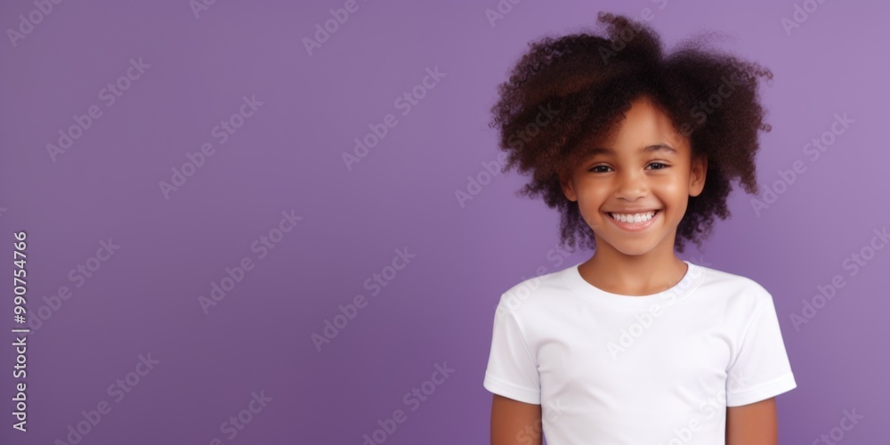 Photo of a young girl with black curly hair smiling at the camera, set against a purple backdrop. The image has a bright and cheerful vibe. Photo of a young girl with black curly hair smiling at the camera, set against a purple backdrop. The image has a bright and cheerful vibe.