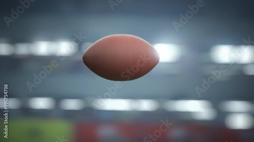 Cinematic American Football Flying Through Stadium Air, Winning Moment. Blurred Background of Arena Lights and Cheering Fan Crowd. Dramatic Score Flight in Championship Atmosphere