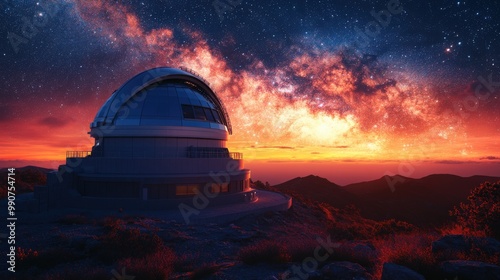 The observatory stands illuminated against a backdrop of a vibrant, star-filled sky