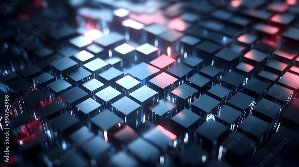 Fototapeta premium Abstract Grid of Metallic Cubes with Red and Blue Highlights